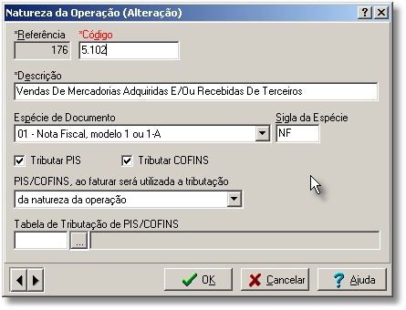 Tela de edição da tabela de natureza de Operações