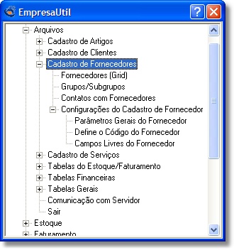 Menu do cadastro de fornecedores