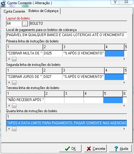 Tabela de contas conrrentes - Configurações do boleto de cobrança