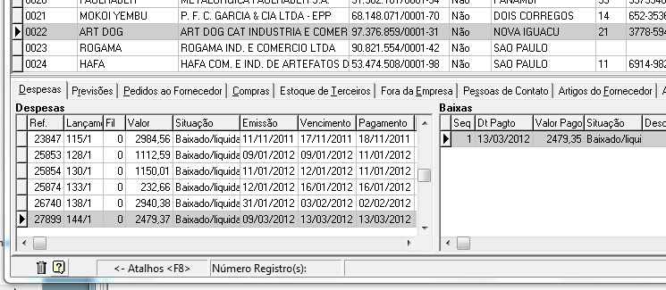 Despesas pagas ao fornecedor. No lado esquerdo mostra a Despesa e a direita as baixas efetuadas. 