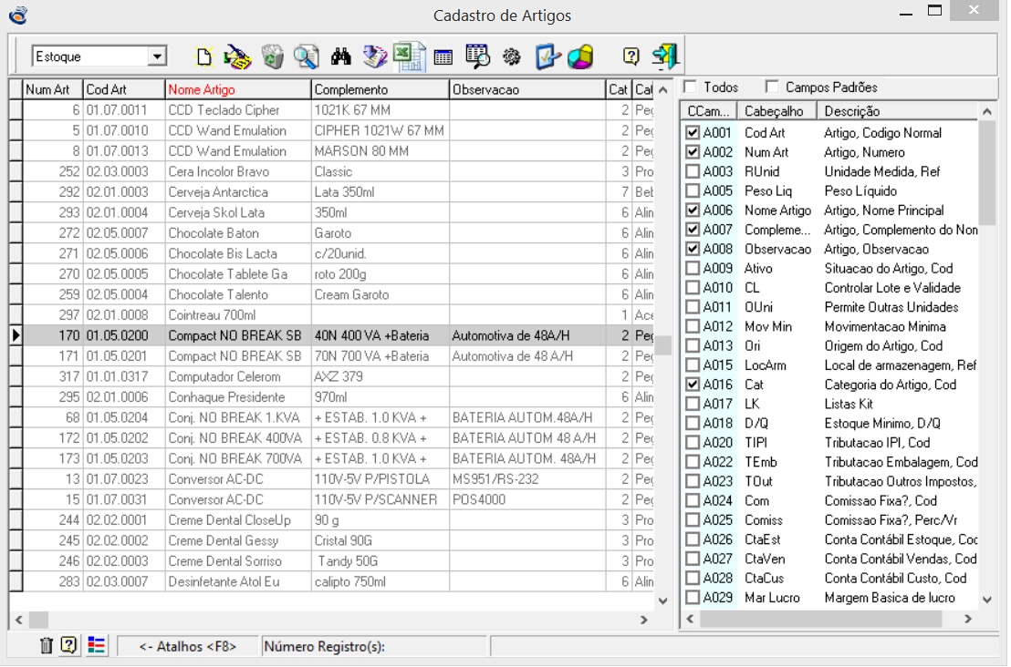 Configura a grid do cadastro de artigos