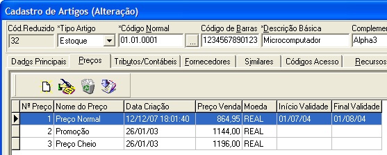 Preços de vendas - Cadastro de artigos
