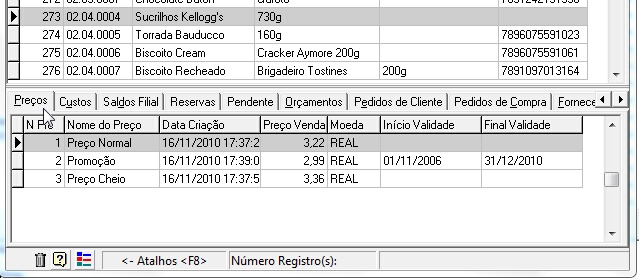 Preços dos artigos no rodapé da grid