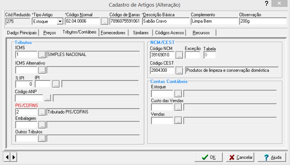 Tributações e contas contábeis do artigo Tributações e contas contábeis do artigo