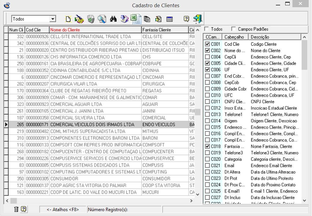 Configurações da grid do cadastro de clientes