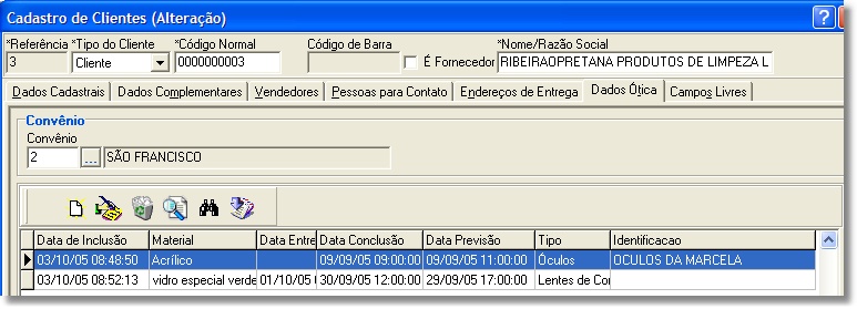 Grid Dados de ótica no cadastro de clientes