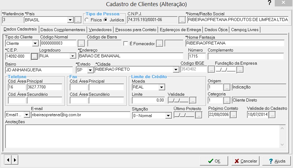 Dados cadastrais de Cliente