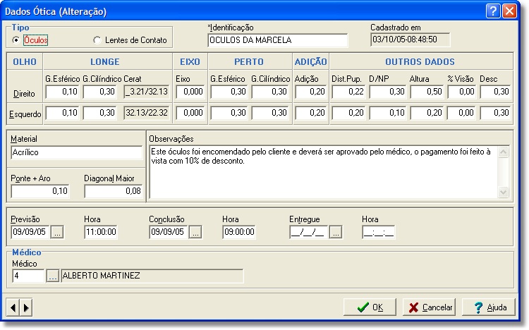 Dados de ótica no cadastro de clientes