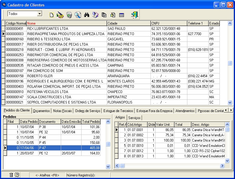 Grid do cadastro de clientes