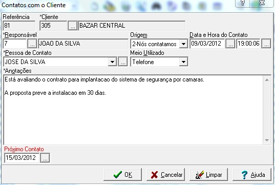 Tela de inclusão de contatos com o cliente.