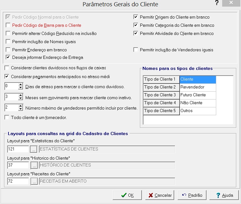 Parâmetros gerais do cadastro de clientes