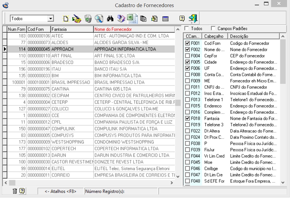 Configurações da grid de fornecedores