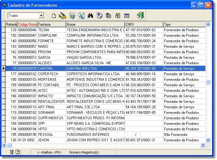Grid do cadastro de fornecedores Grid do cadastro de fornecedores