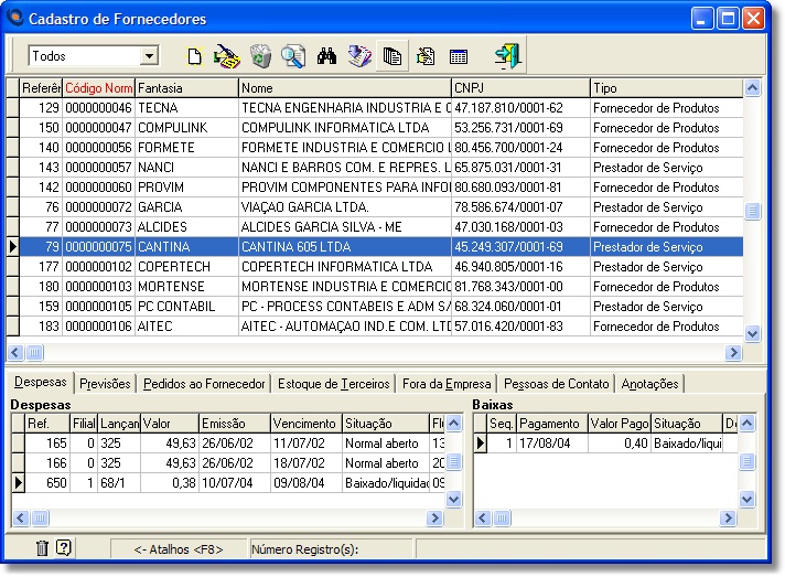 Rodapé da grid de fornecedores