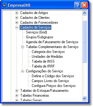 Menu do cadastro de serviços