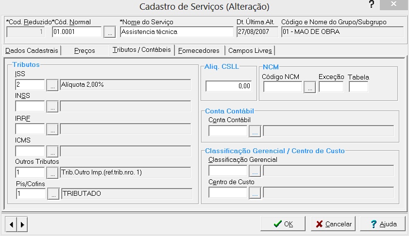 Tributos/contábeis de Serviços
