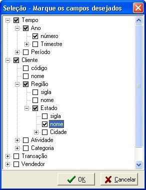 Árvore de dimensões para marcar selecões