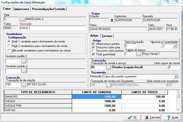 Tela de edição de configuração de caixa