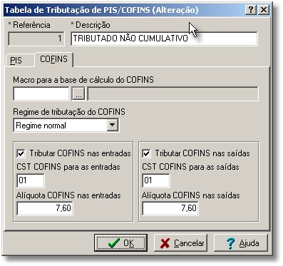 Configurações do COFINS