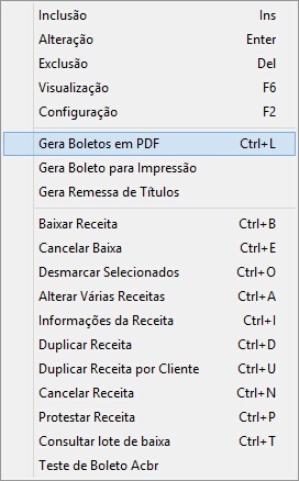 Menu popup de receitas abertas