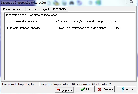 Tela de ocorrências da importação