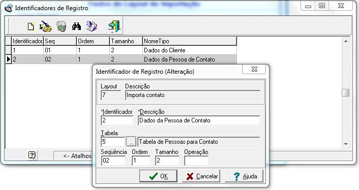 Tela para inclusão aleração de Identificador de Registros