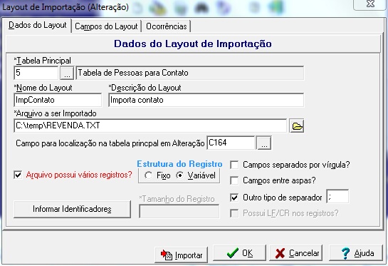 Tela principal da configuração do layout de importação