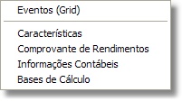 Menu do Cadastro de Eventos da Folha de Pagamento