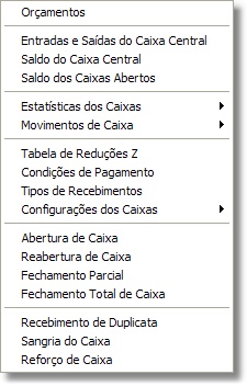 Menu das opções de caixa