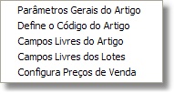 Menu das configurações do cadastro de artigos Menu das configurações do cadastro de artigos