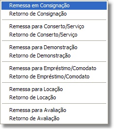 Menu das Operações de Estoque Fora da Empresa