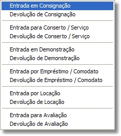 Menu das Operações de Estoque de Terceiros