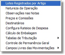 Menu das Tabelas de Estoque e Faturamento Menu das Tabelas de Estoque e Faturamento