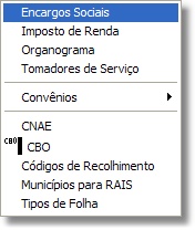 Menu das Tabelas de Folha de Pagamento