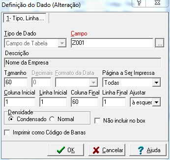 Defenição de um campo de tabela