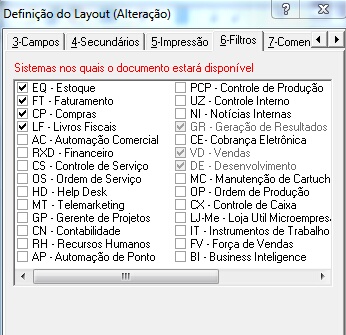 Tela para definição dos módulos que pertence este layout