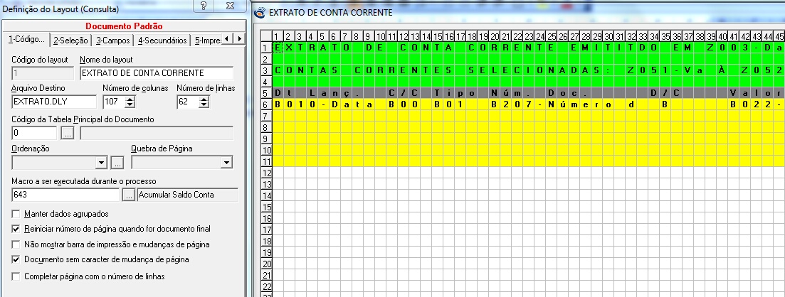 Formulários de edição do layout do documento texto.