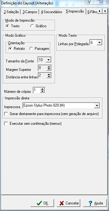 Tela para configuração de impressão