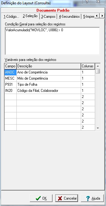 Tela para configuração das seleções para geração do documento
