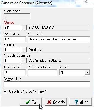 Tela de edição da tabela de carteira de cobrança