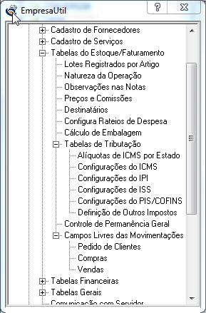 Menu das tabelas do Estoque/Faturamento