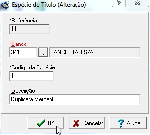 Tela de edição da tabela de espécie de Títulos