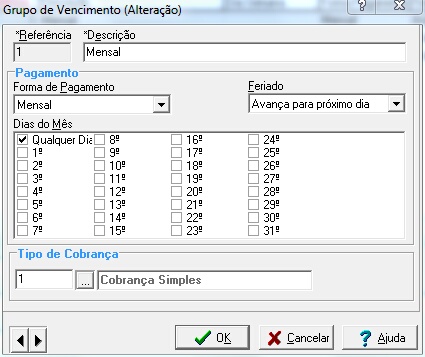 Tela de edição da tabela de grupo de vencimento