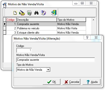 Grid e tela de edição da tabela de motivo de não venda/visita