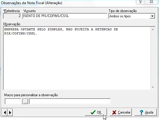 Tela de edição da tabela de observações da nota