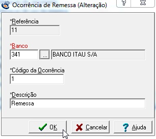 Tela de edição da tabela de ocorrências de remessa de cobrança eletrônica
