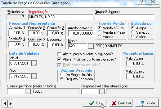 Tela de edição da tabela de preços e comissões