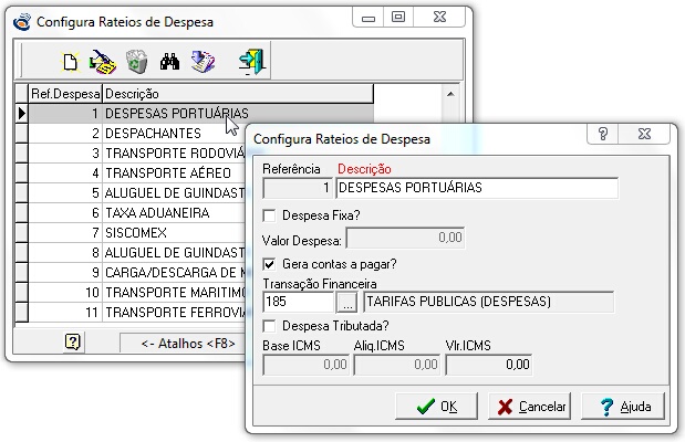 Grid e tela de edição da configuração de reateio de despesas