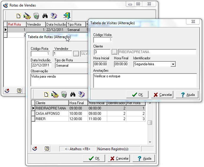 Grid e tela de edição da tabela de configuração das visitas