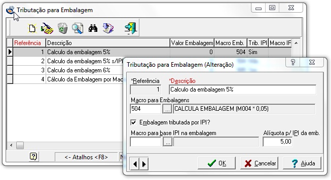 grid e tela de edição da configuração do cálculo de embalagem